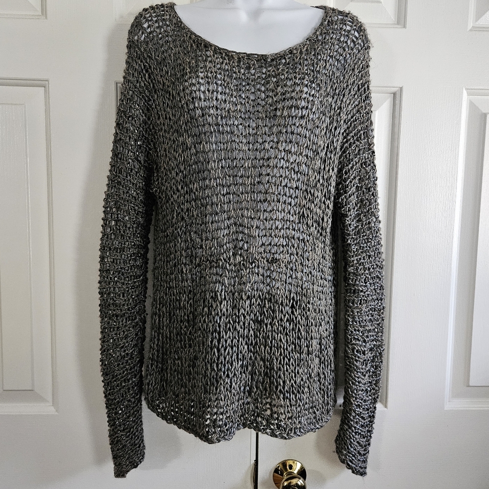Eileen Fisher Womens Sweater L Open Knit Boho FLAW Alpaca Grunge Layering Silk